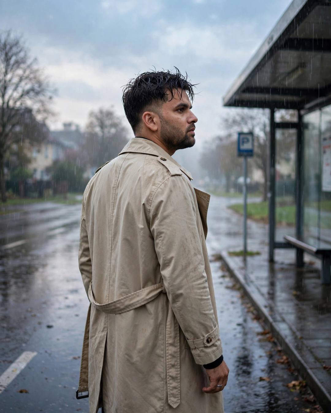 Young Indian man in a beige trench coat walking away from the camera down an empty path at a bus stop in the rain, overcast dawn light, wet road ahead