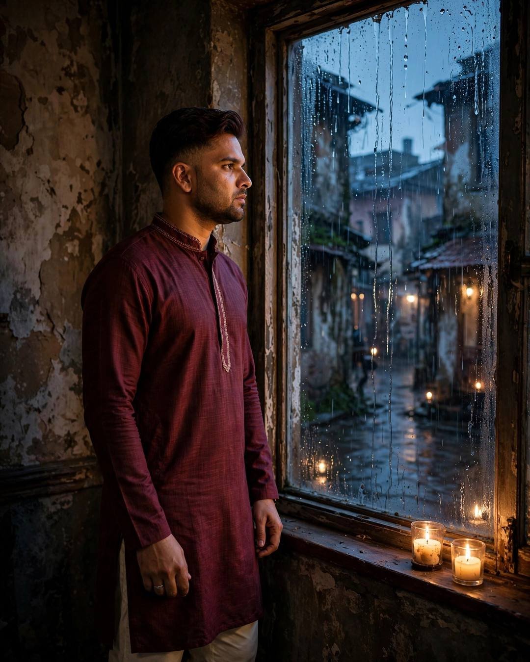 Young Indian man in a maroon kurta standing at a rain-streaked window at blue hour, candles burning on the wooden sill, city lights blurring beyond the glass