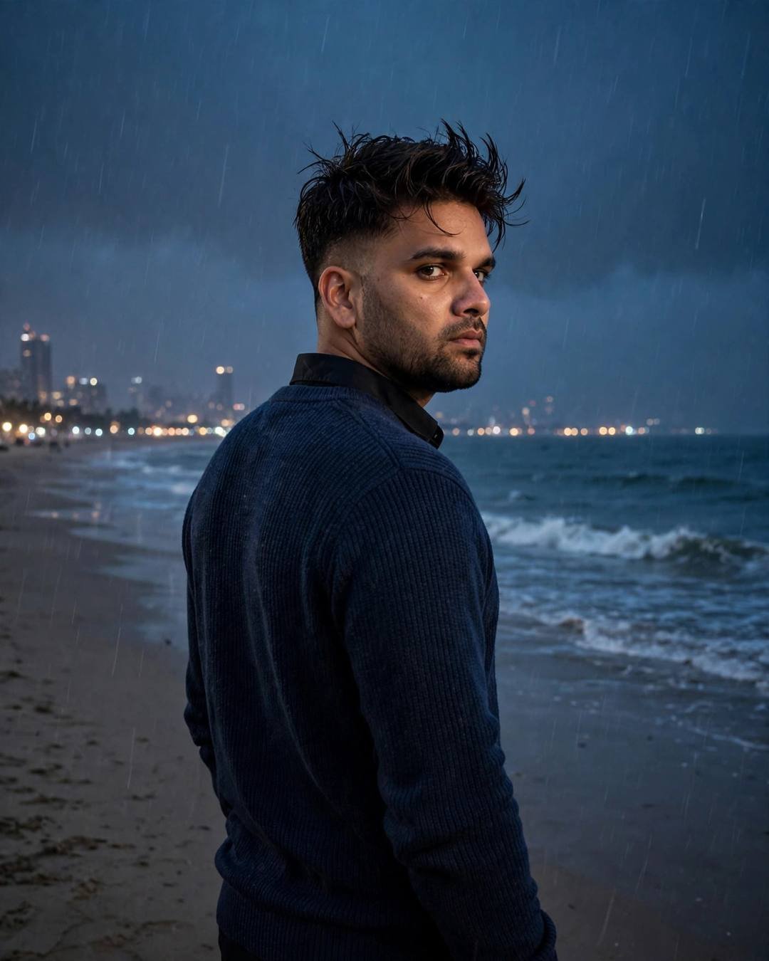 Young Indian man in a navy sweater standing on a deserted beach at midnight in drizzle, back to the camera, looking over one shoulder, city lights glowing on the dark water