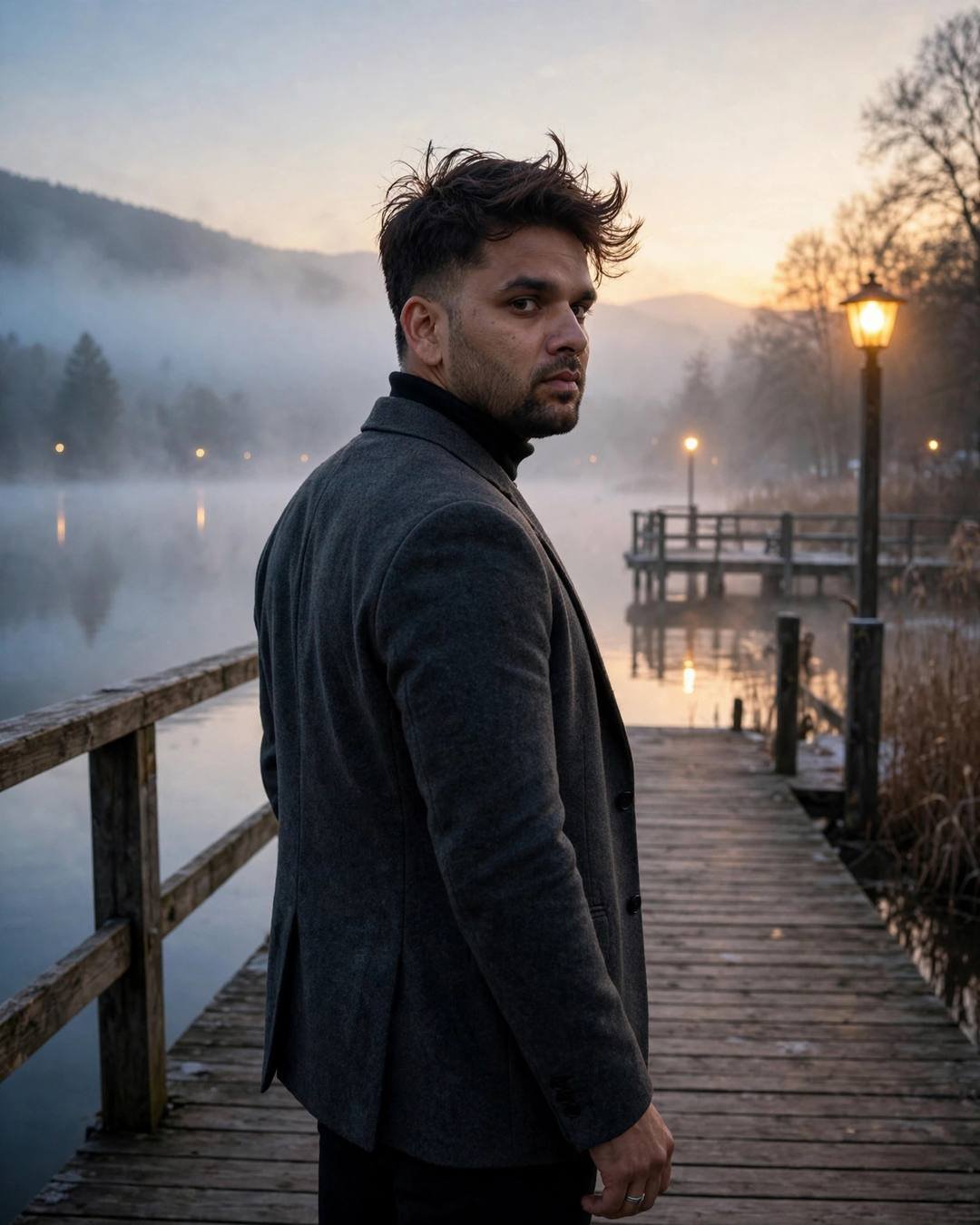 Young Indian man in a charcoal blazer and black turtleneck standing on a quiet lake pier at dawn, back to the camera, looking over one shoulder, mist on the water, streetlamps glowing in the fog
