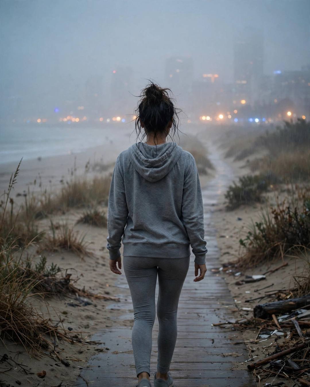 Young Indian woman in a grey hoodie and leggings walking away from the camera down an empty wooden path at a deserted beach at dusk, messy bun, dense fog, city lights glowing through the mist