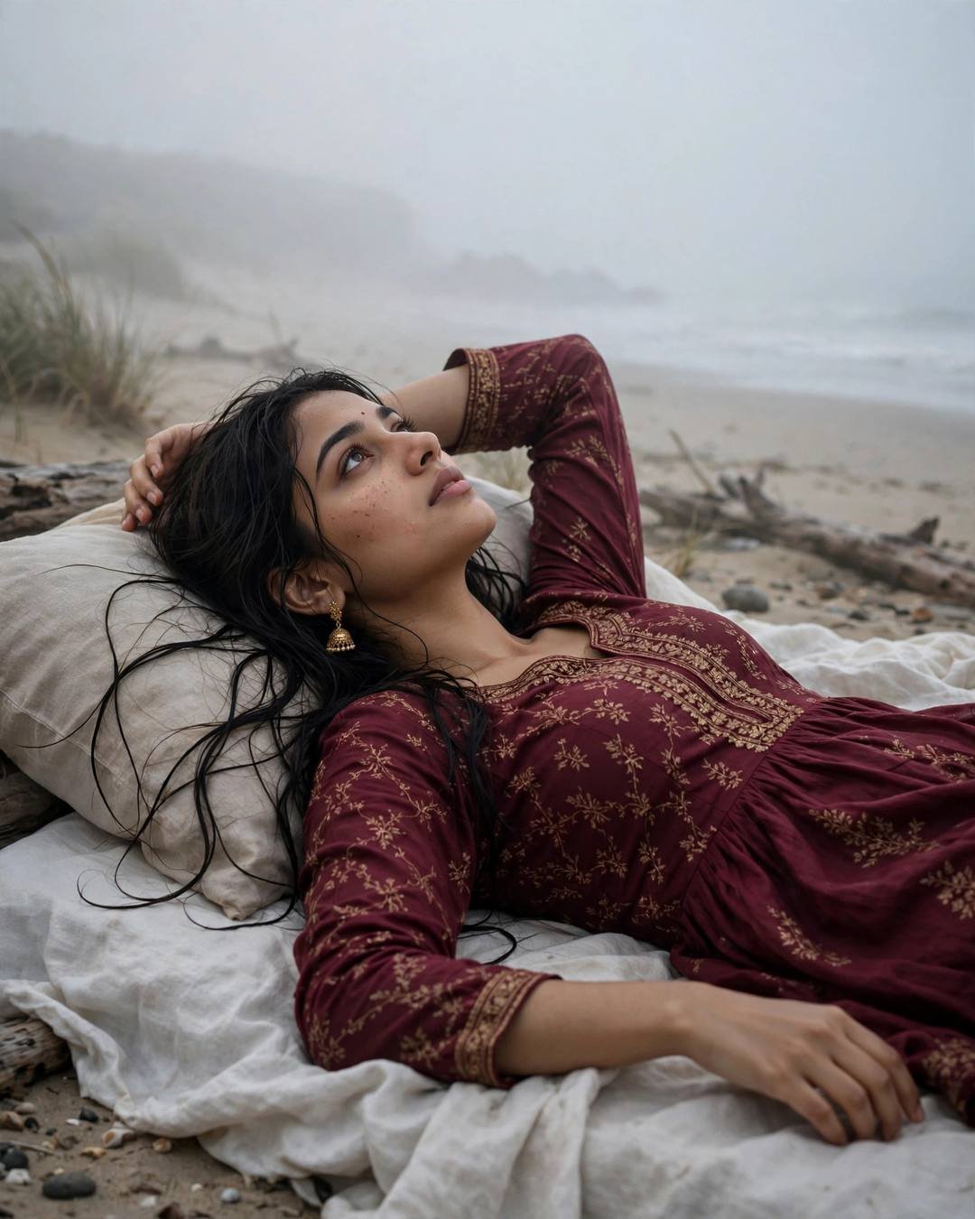 Young Indian woman in a maroon anarkali with gold jhumkas lying on a white quilt on a deserted beach at dusk, one arm behind her head, gazing up at the foggy overcast sky