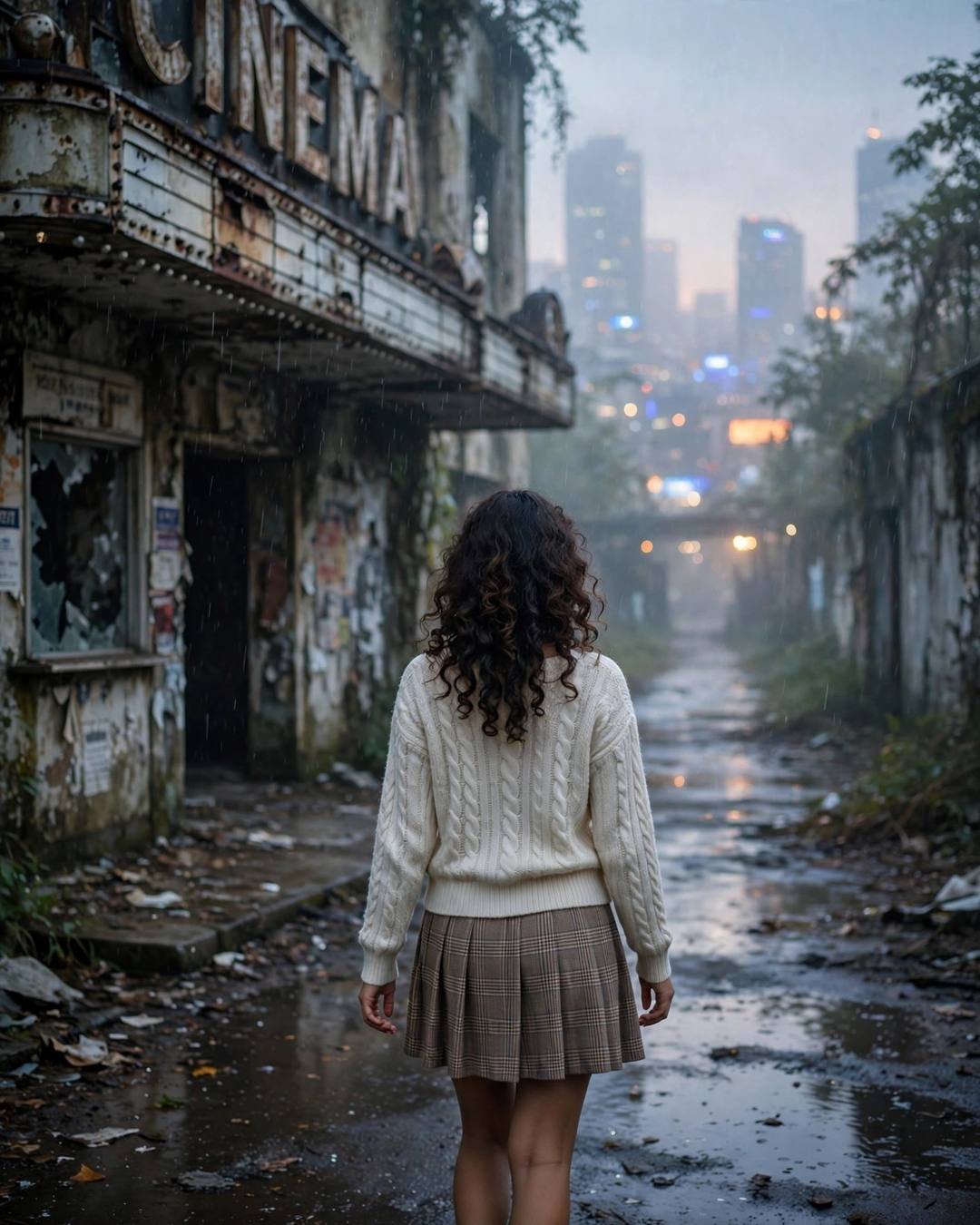 Young Indian woman in a cream knit top and plaid skirt walking away from the camera past an abandoned cinema hall with a rusted marquee, light rain, city lights glowing through the dawn mist