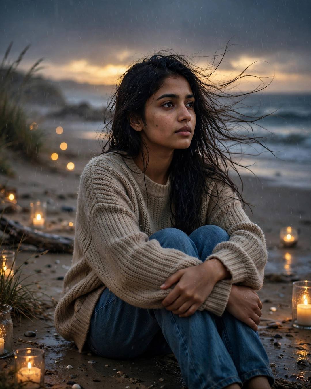 Young Indian woman in an oversized beige sweater and jeans sitting with knees drawn up on a deserted beach at dusk, candles burning in glass holders around her, hair flying in the sea breeze, golden storm clouds over the ocean