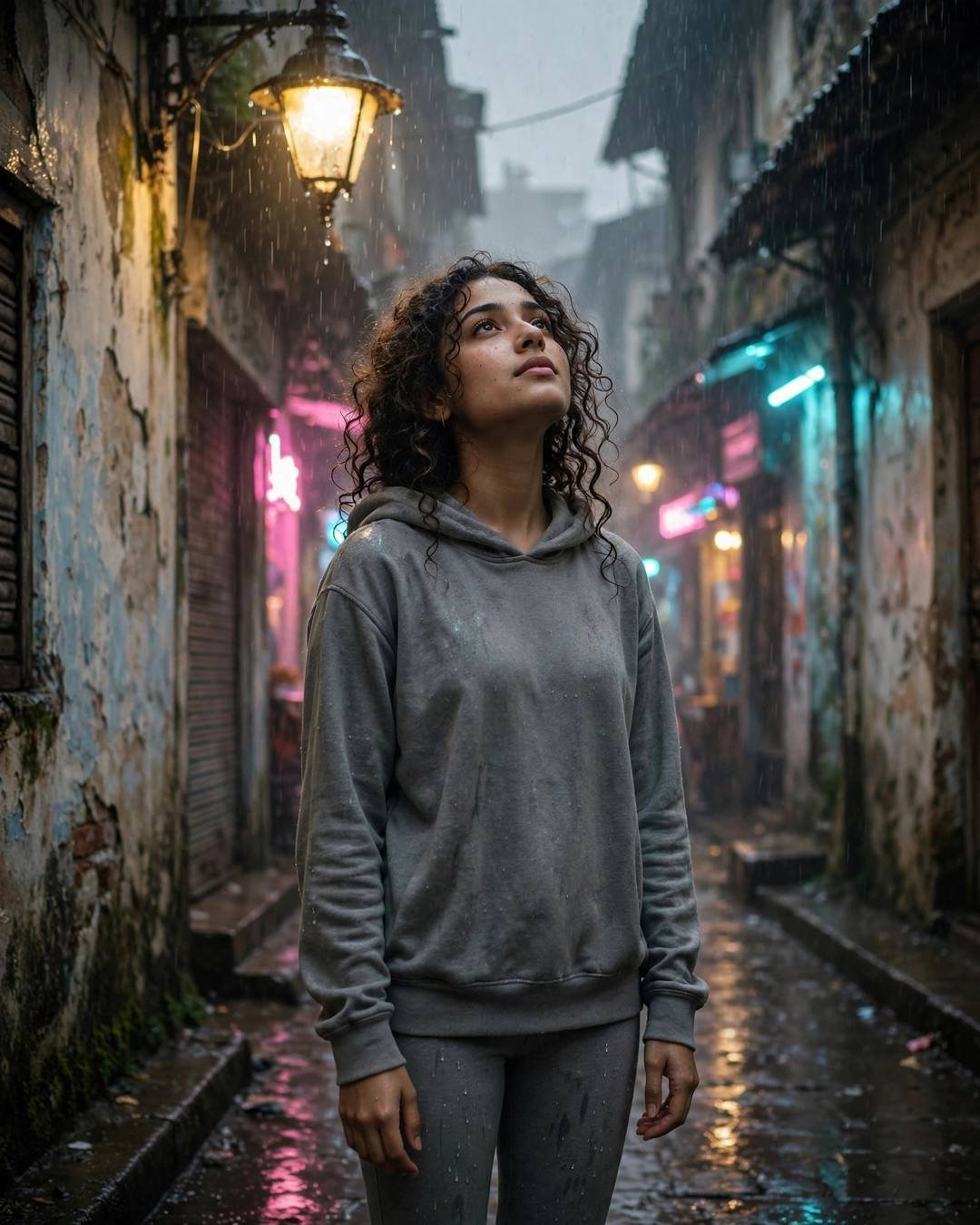 Young Indian woman in a grey hoodie standing under a streetlamp in a narrow old-city lane in the rain, face lifted to the sky, neon pink and cyan light reflecting on wet cobblestones