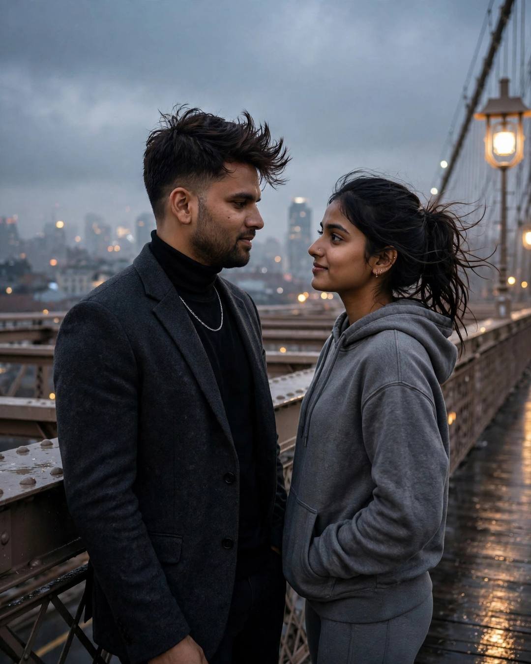 AI portrait of a young couple standing face to face on a suspension bridge at dusk, man in a charcoal blazer, woman in a grey hoodie, city lights blurred behind