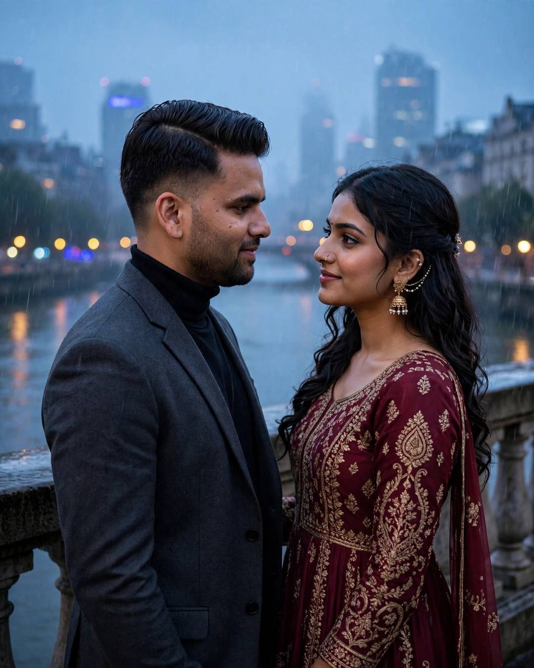 AI portrait of a young couple standing face to face on a stone bridge over a river at blue hour, woman in a maroon embroidered anarkali with jhumkas