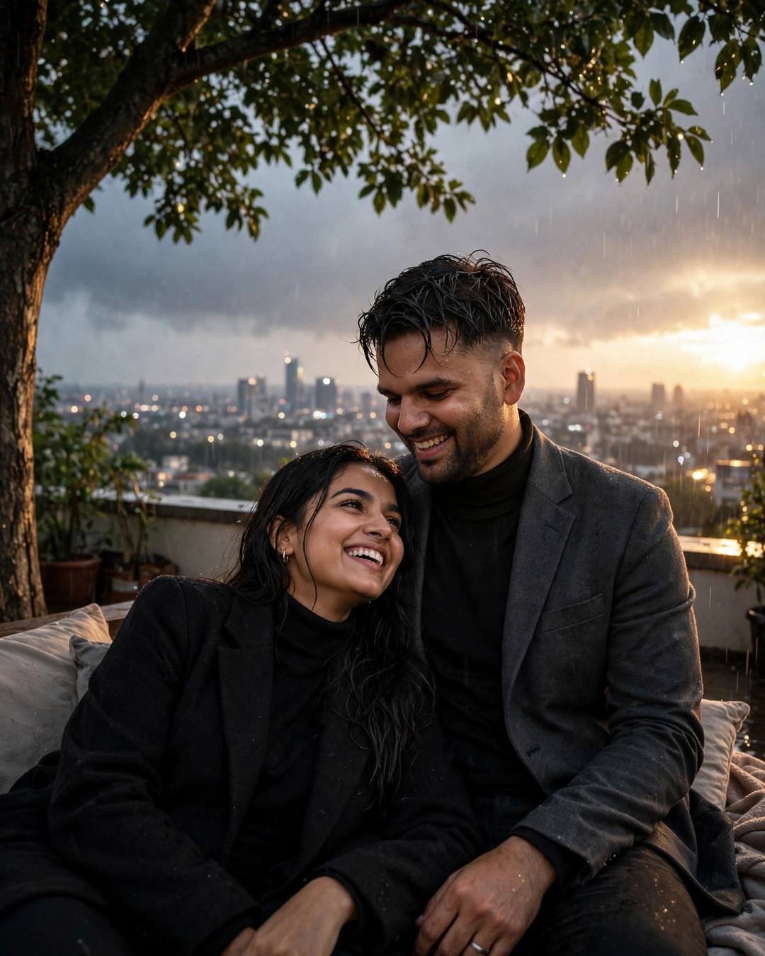 AI portrait of a young couple laughing together under a tree on a rooftop terrace at golden hour, city skyline glowing behind