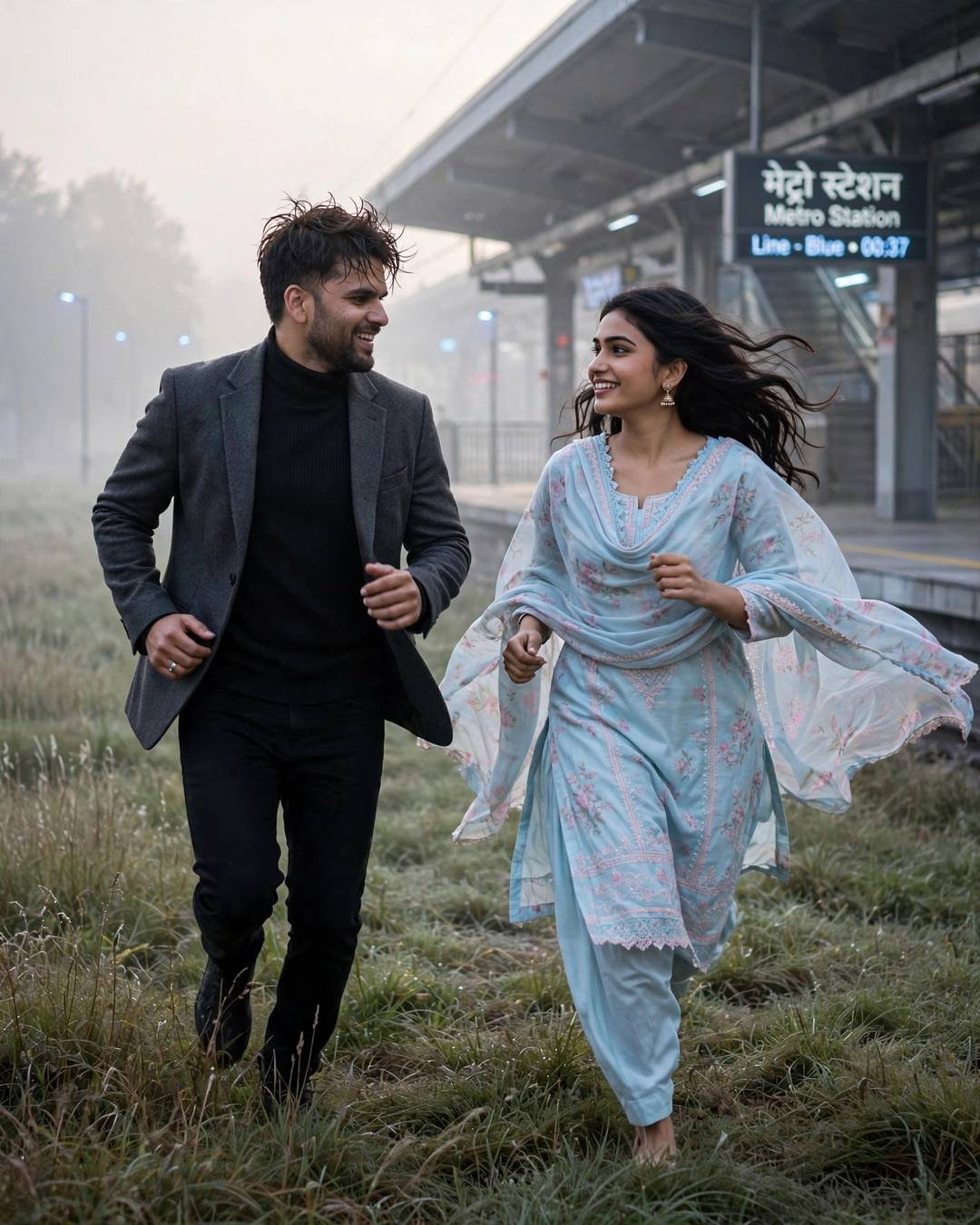 AI portrait of a young couple running laughing across a foggy field beside a metro station at dawn, woman in a pastel salwar-kameez with flying dupatta