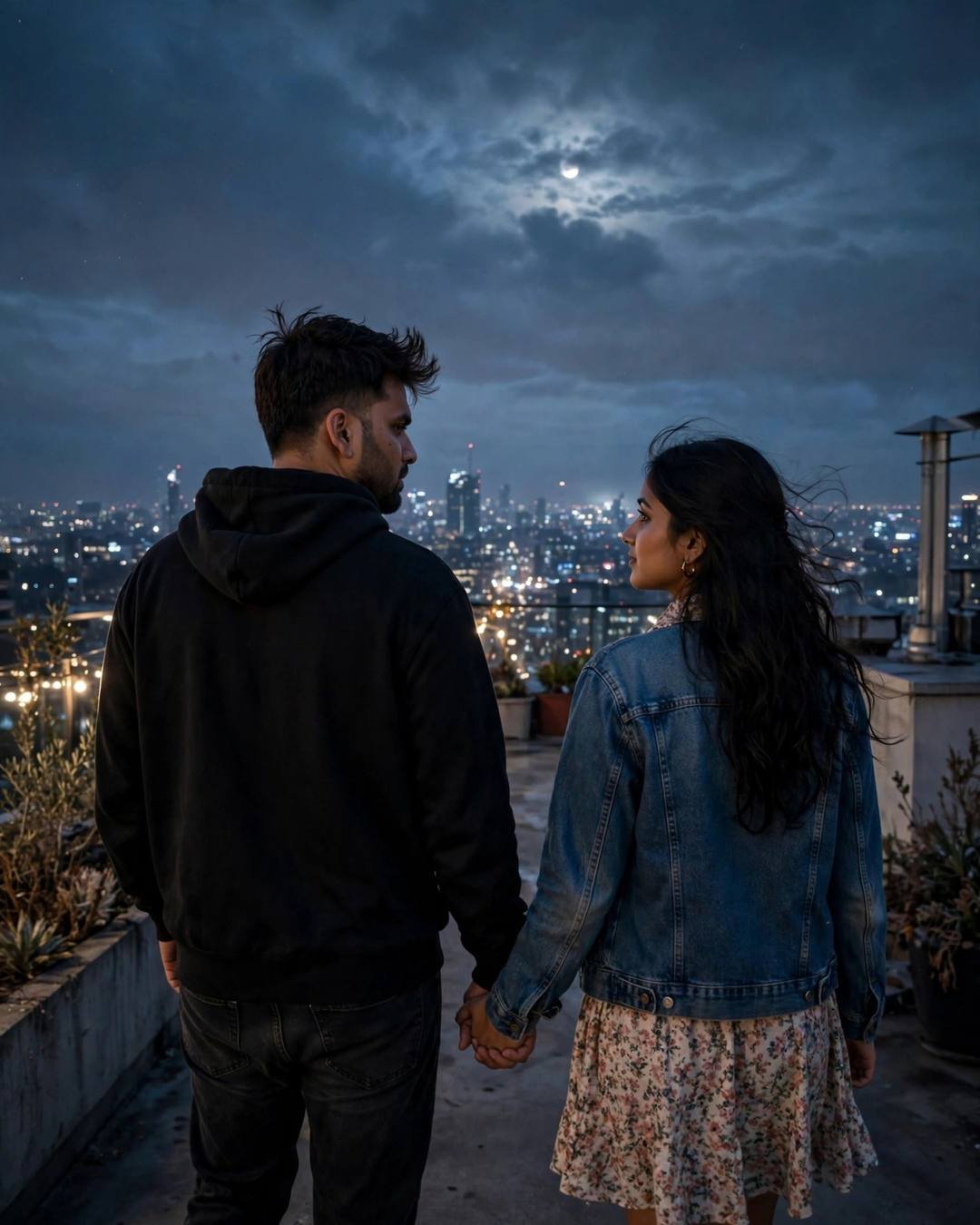 AI portrait of a young couple walking hand in hand away from the camera on a rooftop at night, moon through clouds, city lights below