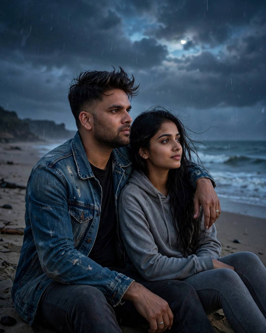 A man in a denim jacket and a woman in a grey hoodie sit on night sand with his arm around her, watching moonlit waves.