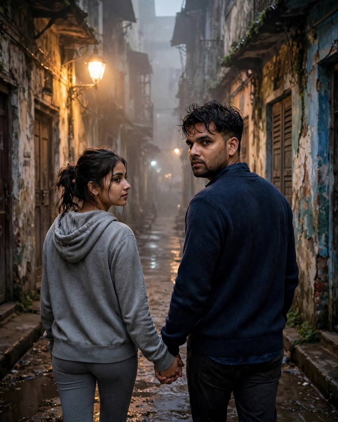 A couple walks hand in hand away into a foggy old-city lane at night, the man in a navy sweater glancing back at the camera.