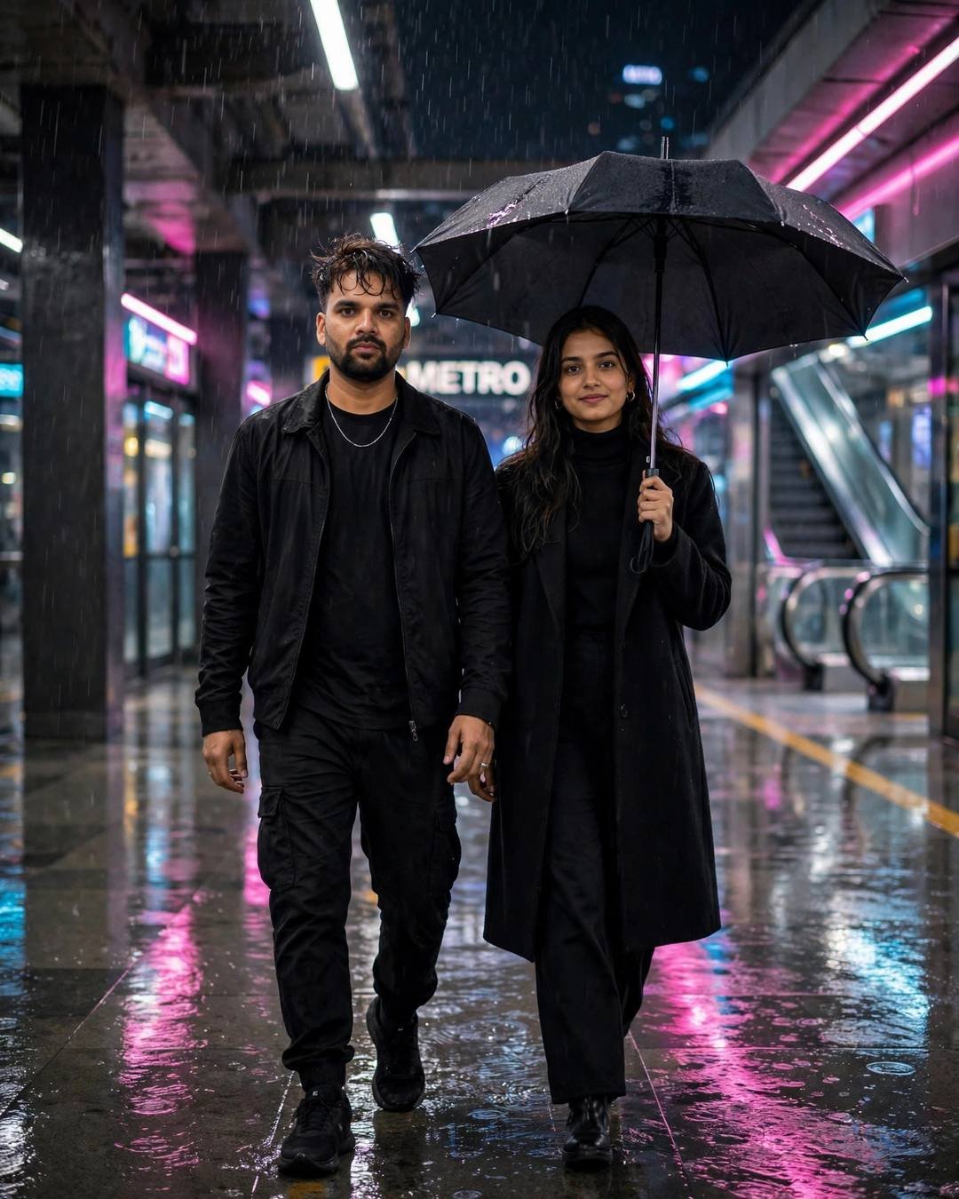 A man in all-black streetwear and a woman in a black turtleneck and long coat walk under one umbrella through a neon-lit metro station at midnight.