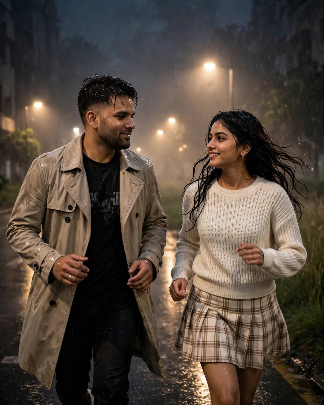 A man in a beige trench coat and a woman in a cream knit top and plaid skirt walk through a rainy midnight street under sodium streetlamps.