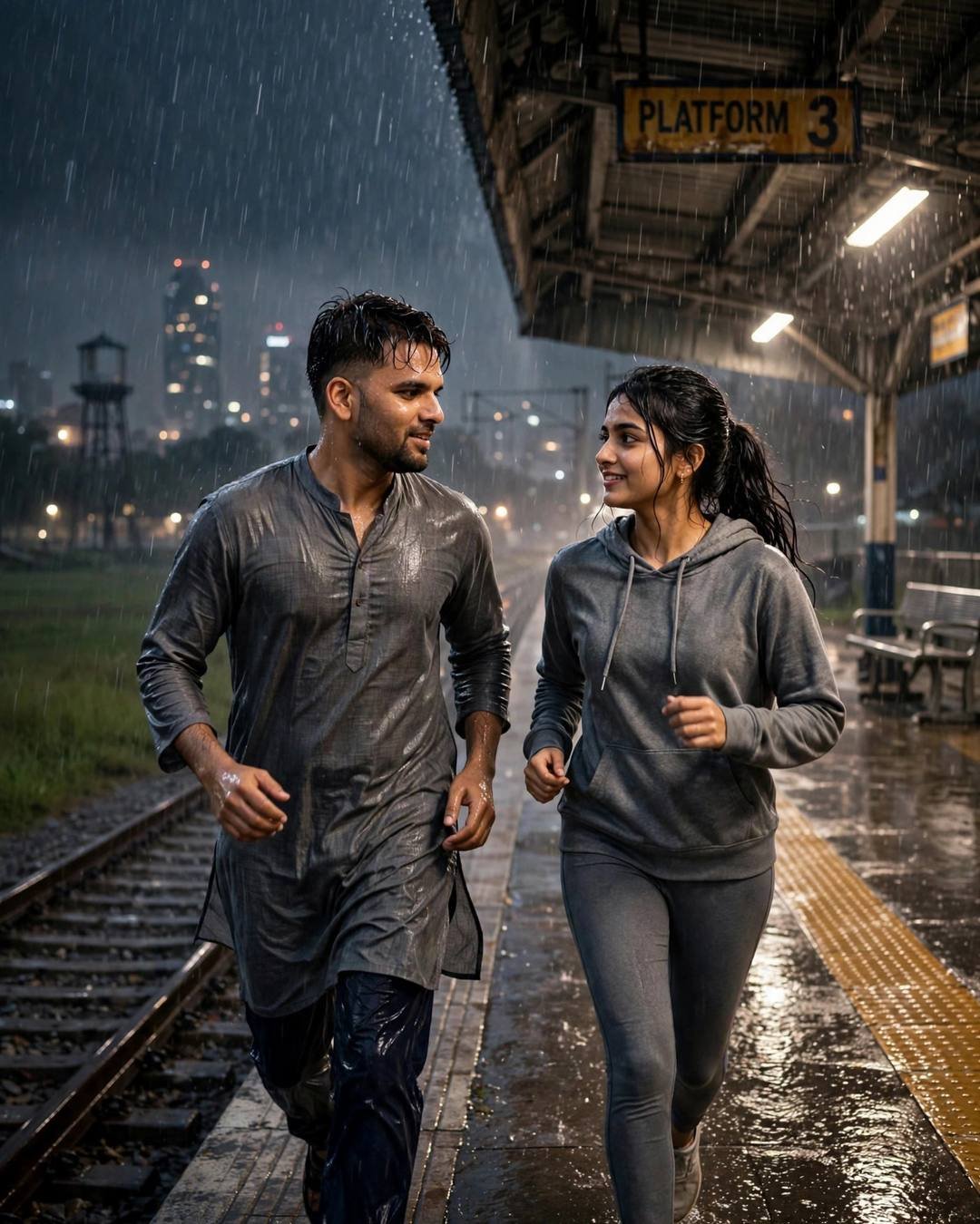 A man in a grey kurta and a woman in a grey hoodie run laughing through heavy monsoon rain on an empty railway platform at night.