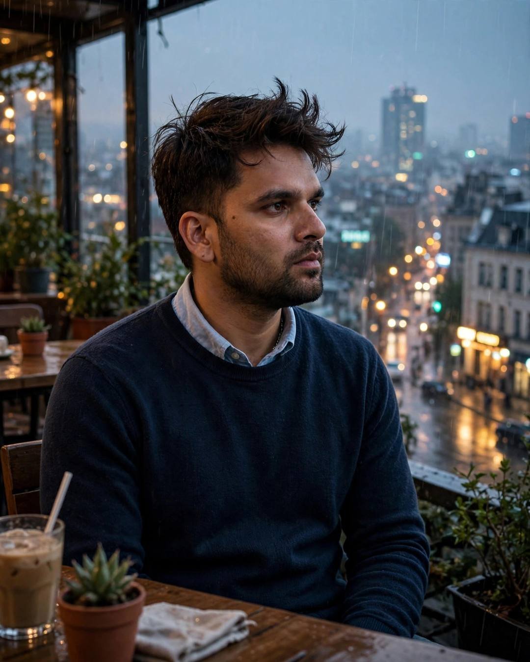 Young Indian man with the creator's face in a navy sweater sitting at a rooftop cafe table at golden hour, cold coffee beside him, city lights behind