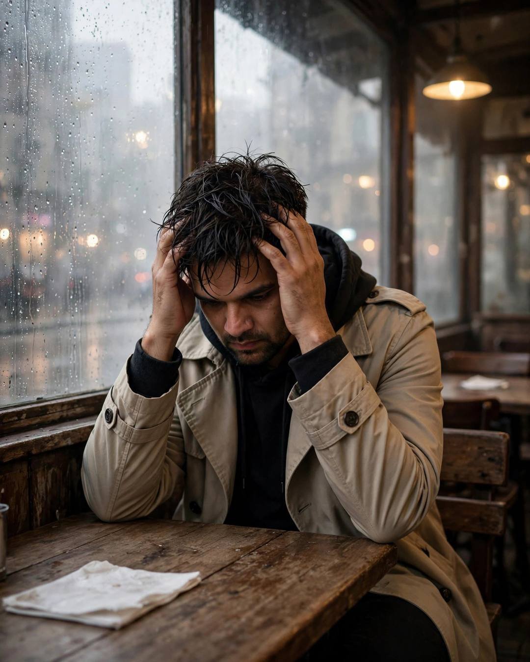 Young Indian man with the creator's face in a beige trench coat sitting with head in hands at a fogged cafe window at dawn, rain on the glass