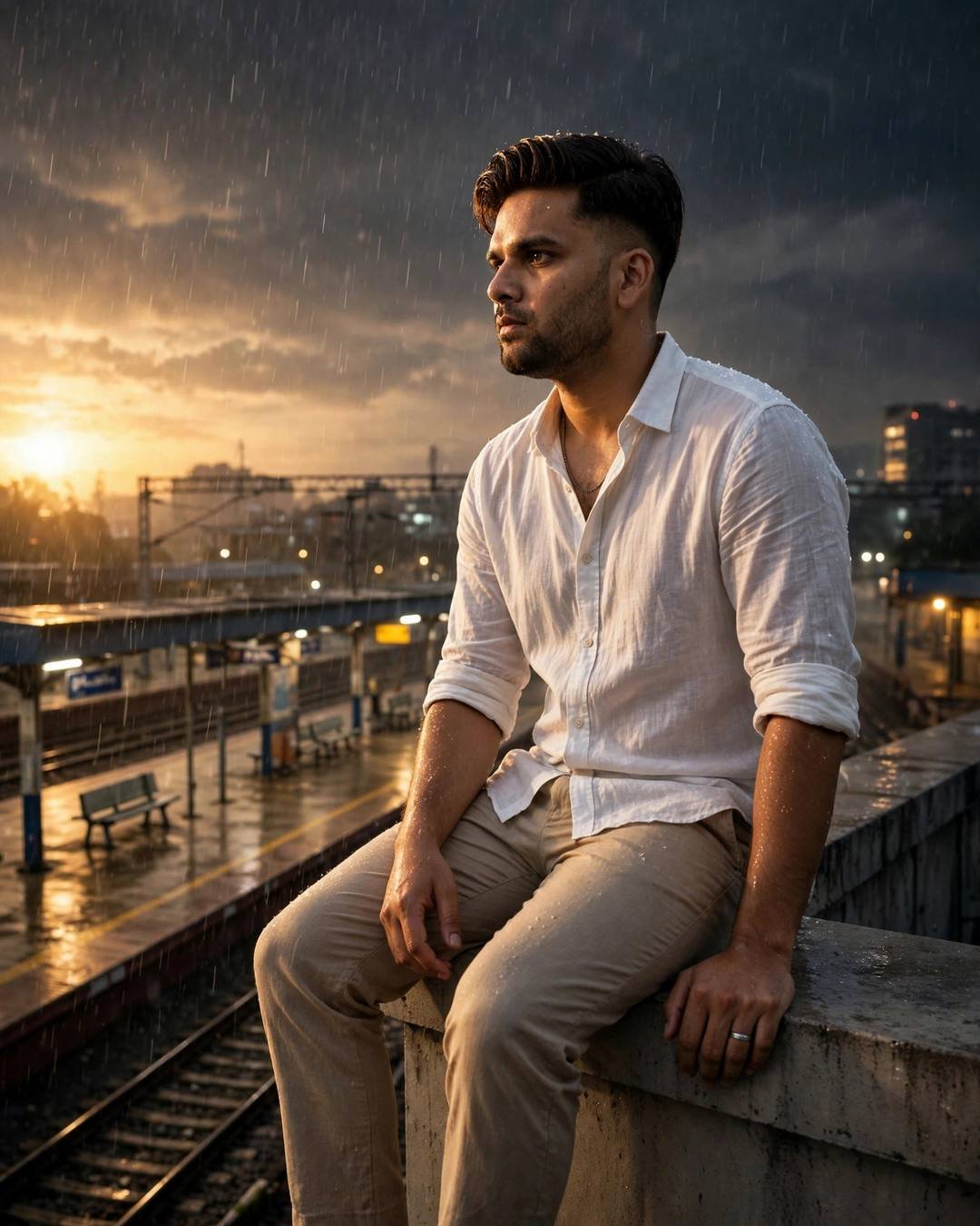 Young Indian man with the creator's face in a white linen shirt sitting on a rooftop ledge above a railway platform in golden-hour rain