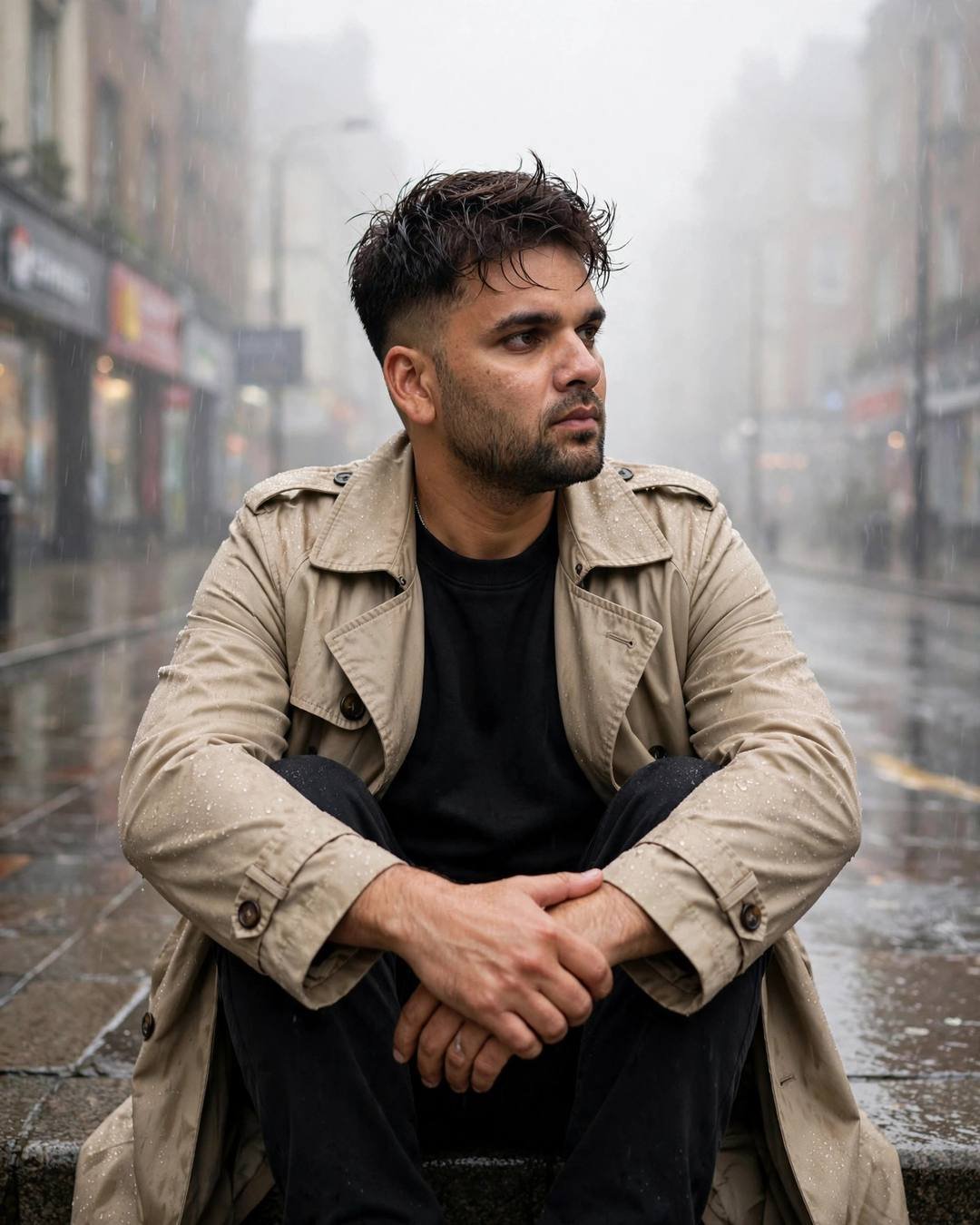 Young Indian man with the creator's face in a beige trench coat sitting with knees drawn up on a rain-soaked foggy street at dawn