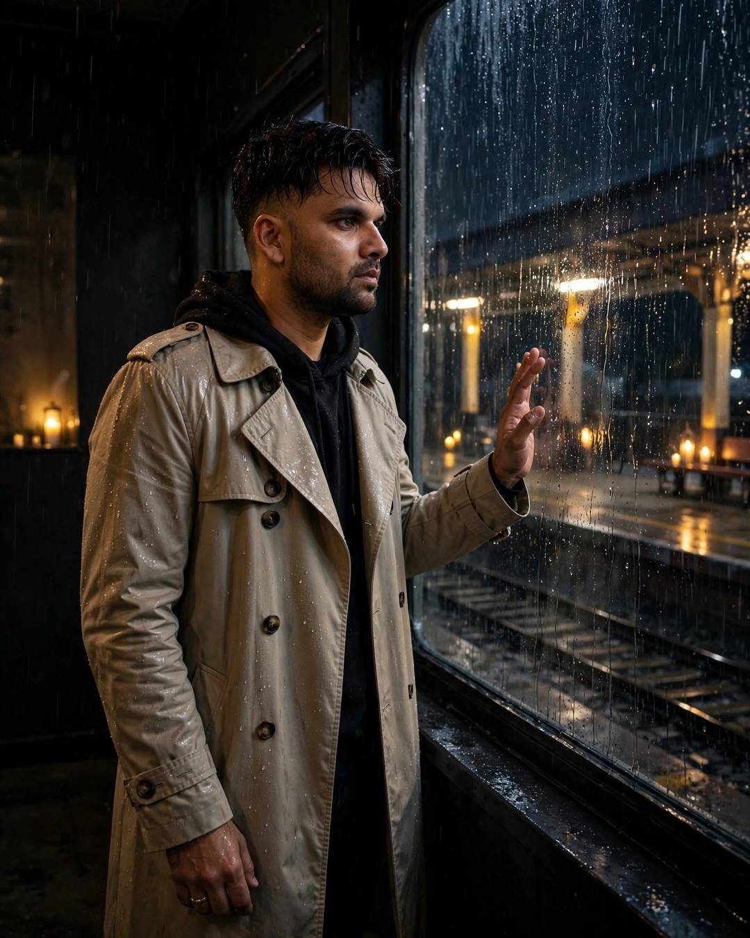 AI portrait of a young man in a beige trench coat standing at a rain-streaked railway platform window at night, palm on the glass