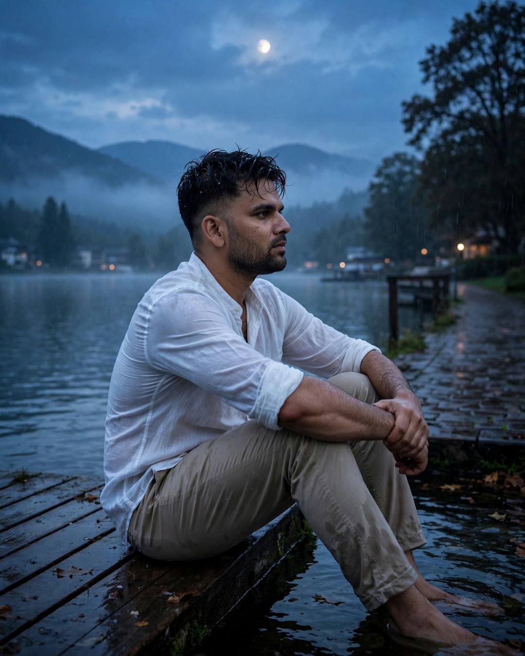 AI portrait of a young man in a white linen shirt sitting on a wooden pier over a moonlit lake at dawn, knees drawn up, bare feet in the water