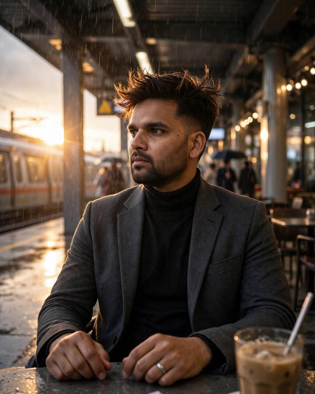 AI portrait of a young man in a charcoal blazer sitting at a café table in a metro station at golden hour, cold coffee in front, lost in thought
