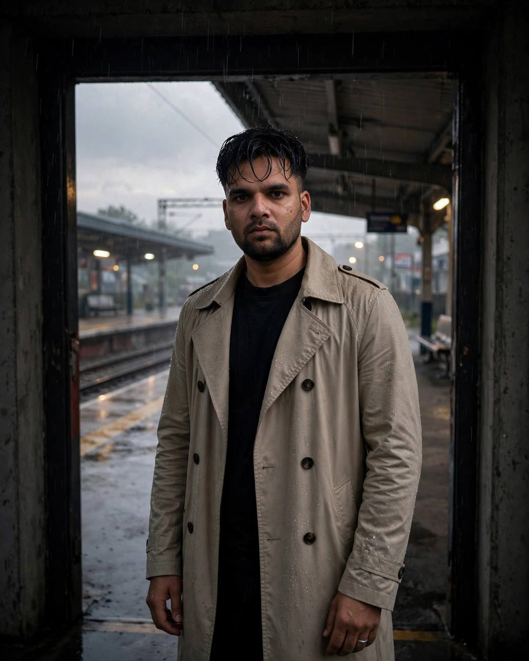 AI portrait of a young man in a beige trench coat standing in a doorway half in shadow, empty rainy railway platform behind him