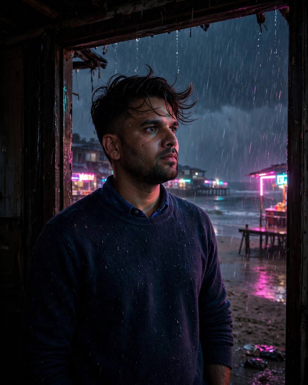 AI portrait of a young man in a navy sweater standing in a beach-shack doorway at night during a monsoon, neon pink and cyan glowing on the wet sand
