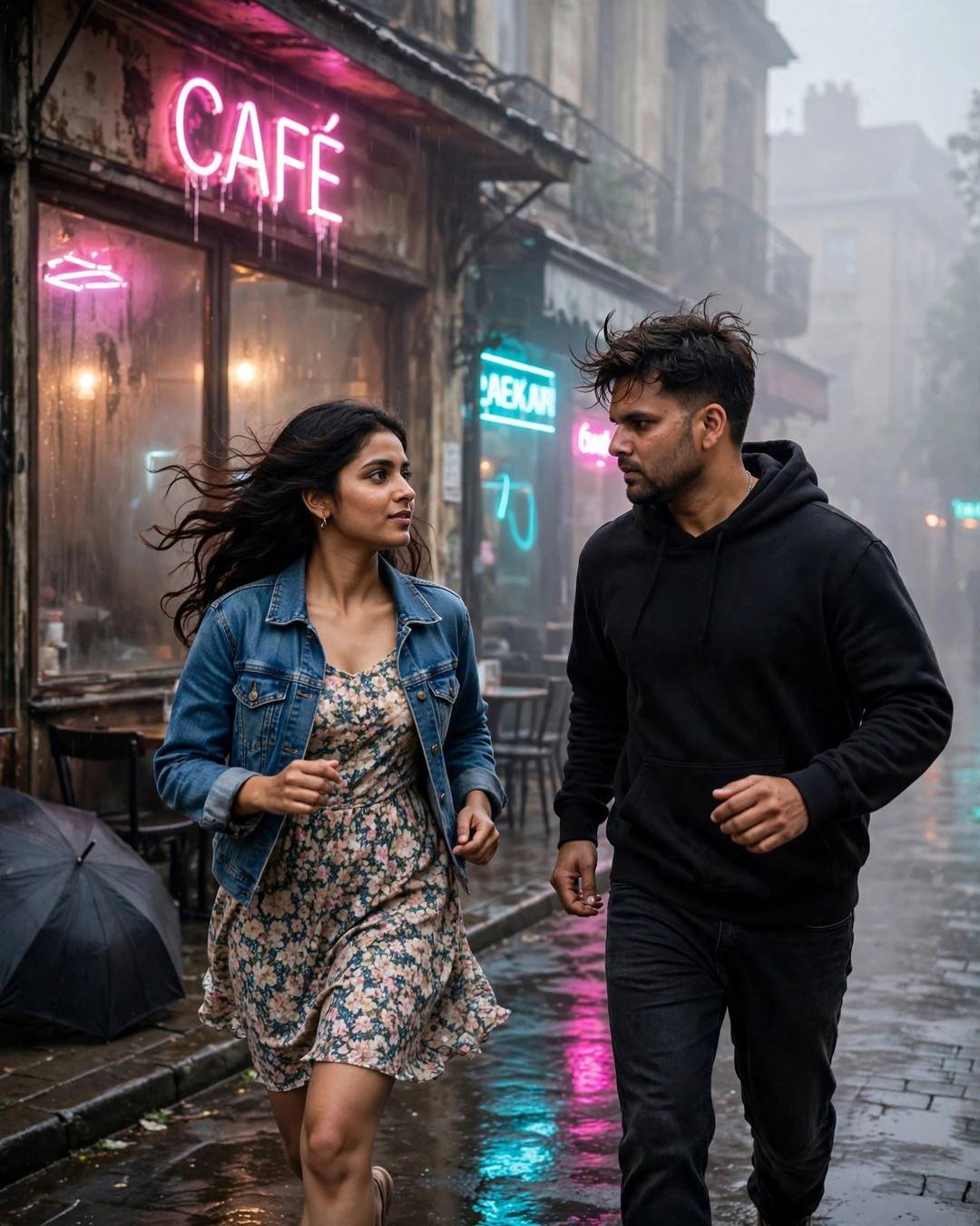 Her jumping in puddles while he holds — AI-generated cinematic couple photo