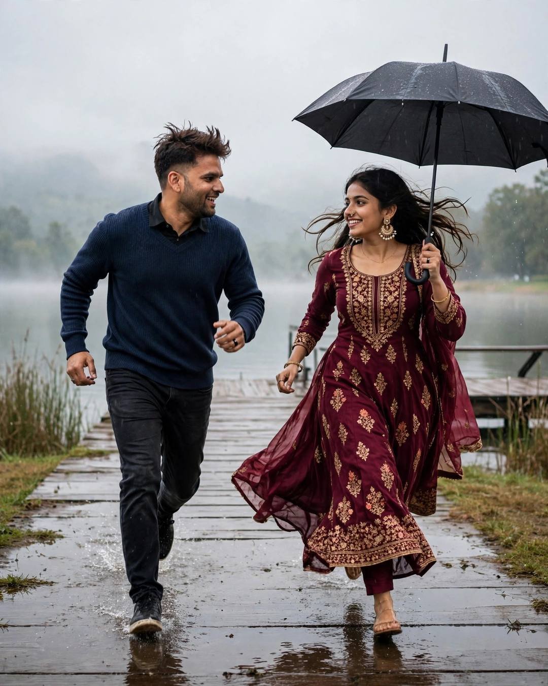Racing home in the rain, hand in — AI-generated cinematic couple photo