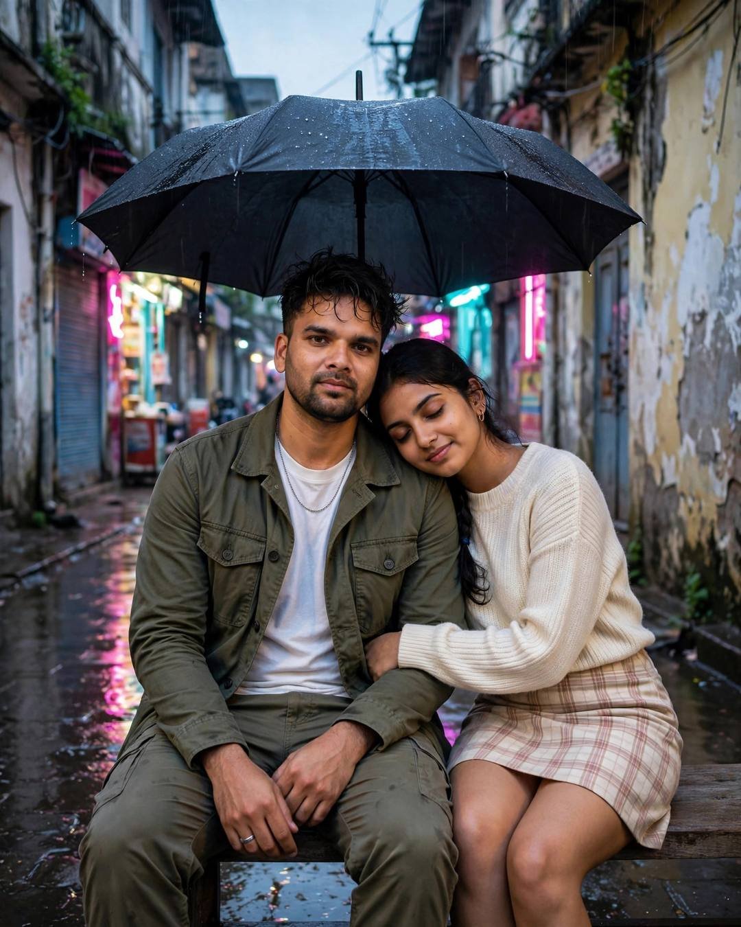 Sharing one small umbrella, both half-drenched and — AI-generated cinematic couple photo