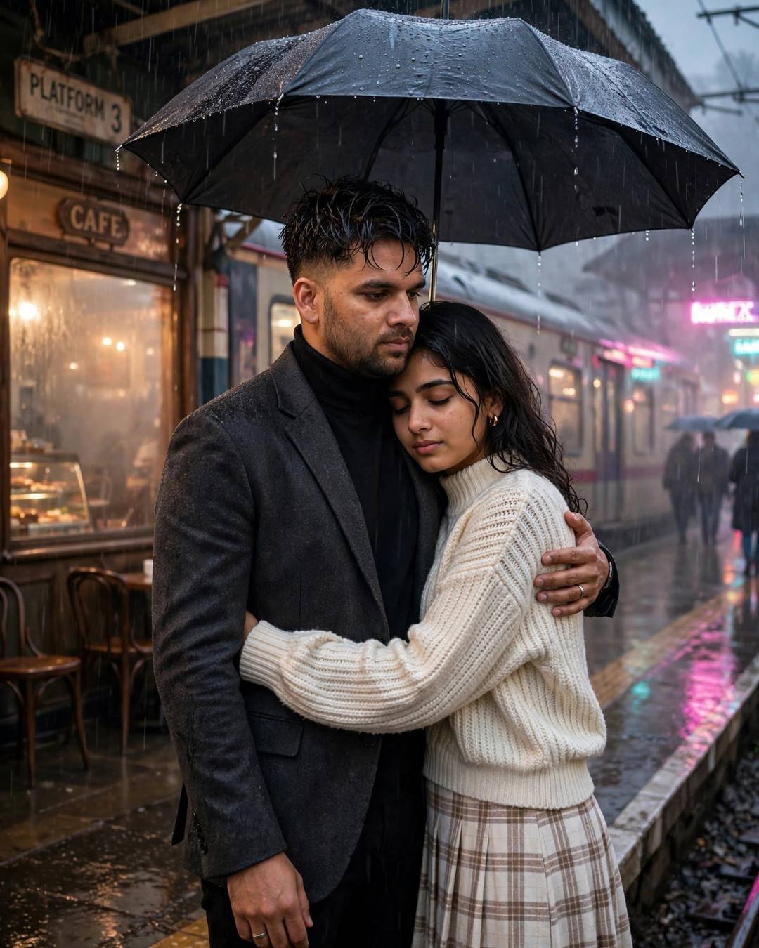Huddled under a shop awning, watching the — AI-generated cinematic couple photo