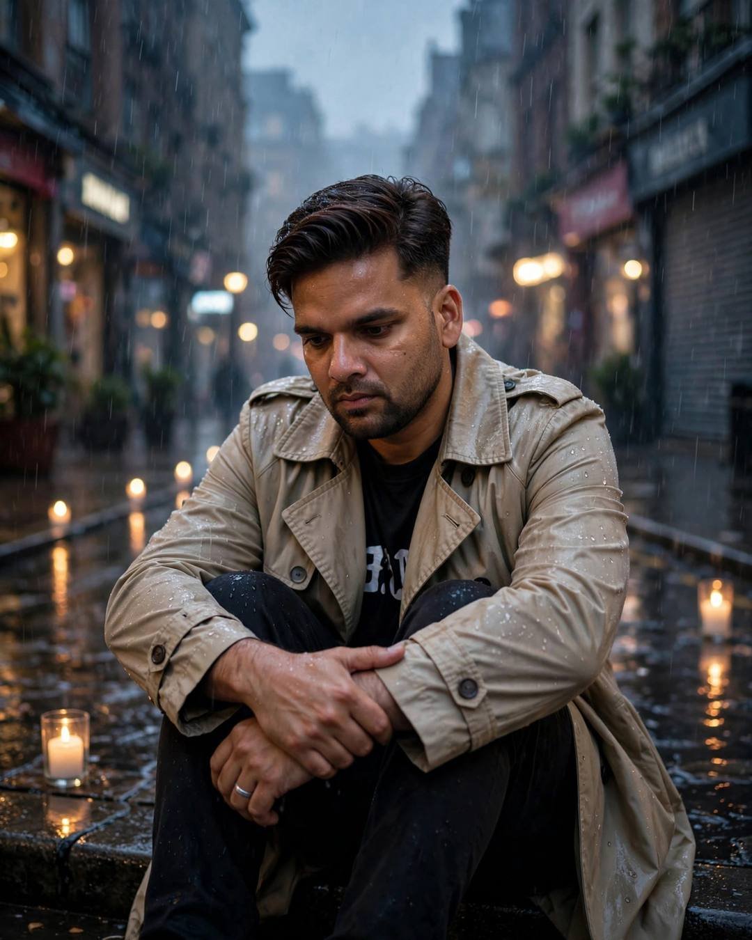 Young Indian man in beige trench coat sitting on a rain-soaked city street at dawn, knees drawn up, candles glowing nearby