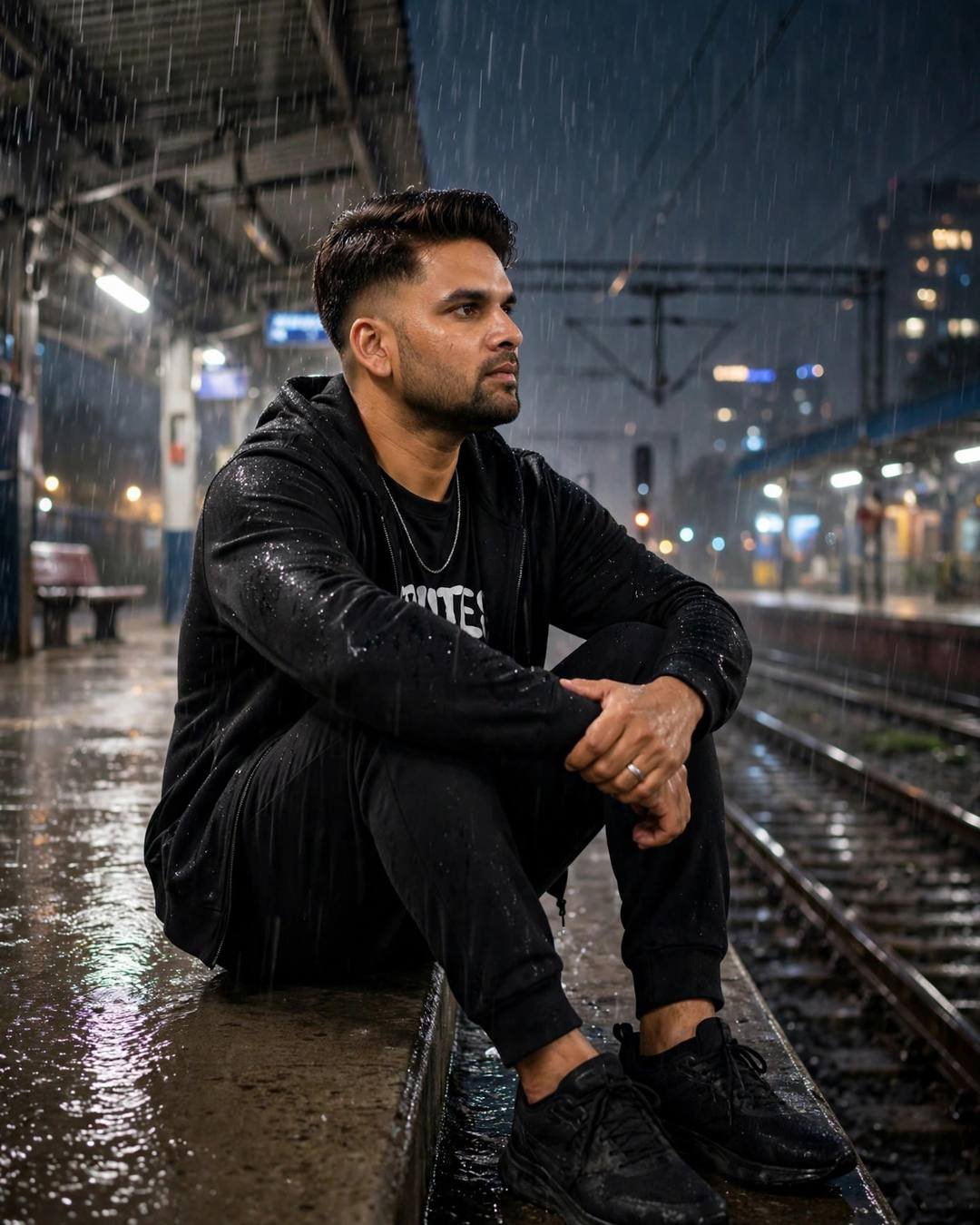 Young Indian man in all-black streetwear sitting on an empty railway platform in heavy monsoon rain at night