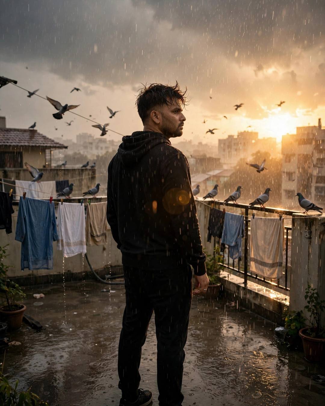 Young Indian man in black hoodie on a terrace in a golden-hour downpour, pigeons flying, looking back over his shoulder