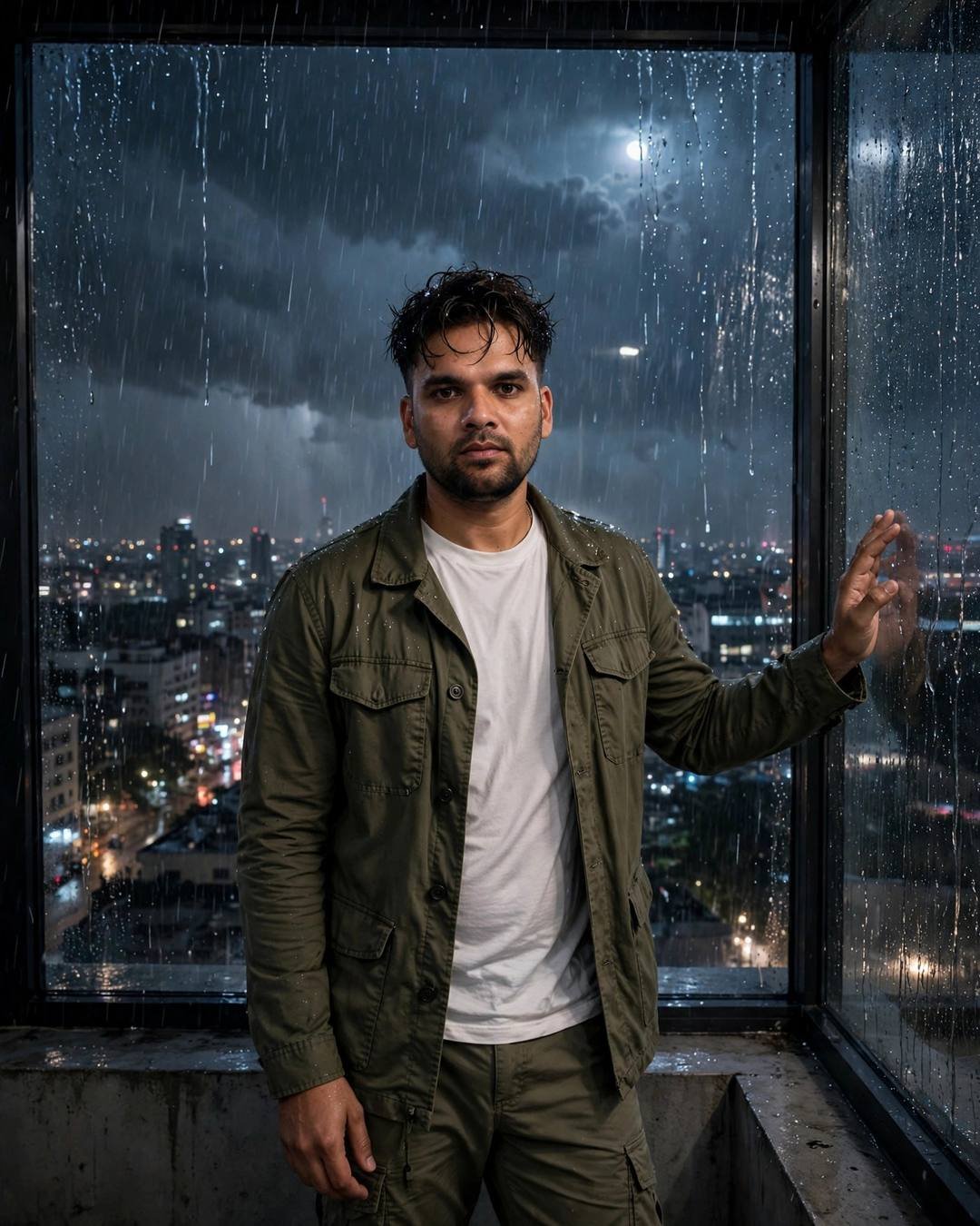 Young Indian man in olive field jacket and white tee at a rain-streaked window at midnight, hand pressed to the glass, city lights below