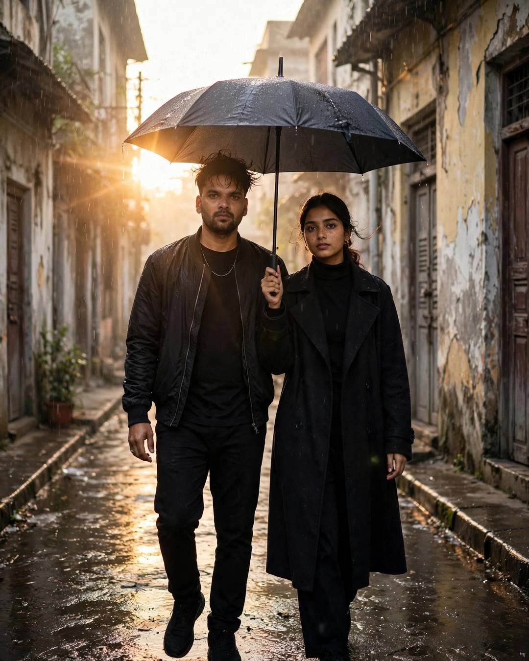Young Indian couple walking side by side under one umbrella through a narrow old-city lane at dawn — the man in all-black streetwear, the woman in a black turtleneck and long coat, golden lens flare in the drizzle