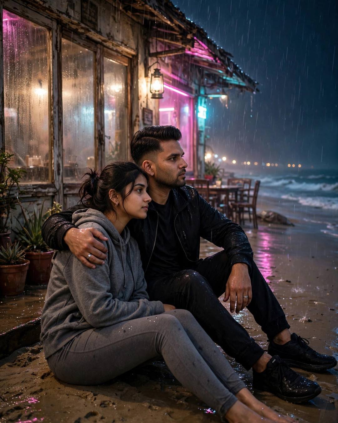 Young Indian couple sitting on wet sand beside a neon-lit beachside cafe at midnight — the man in all-black streetwear with his arm around the woman in a grey hoodie, waves in the background