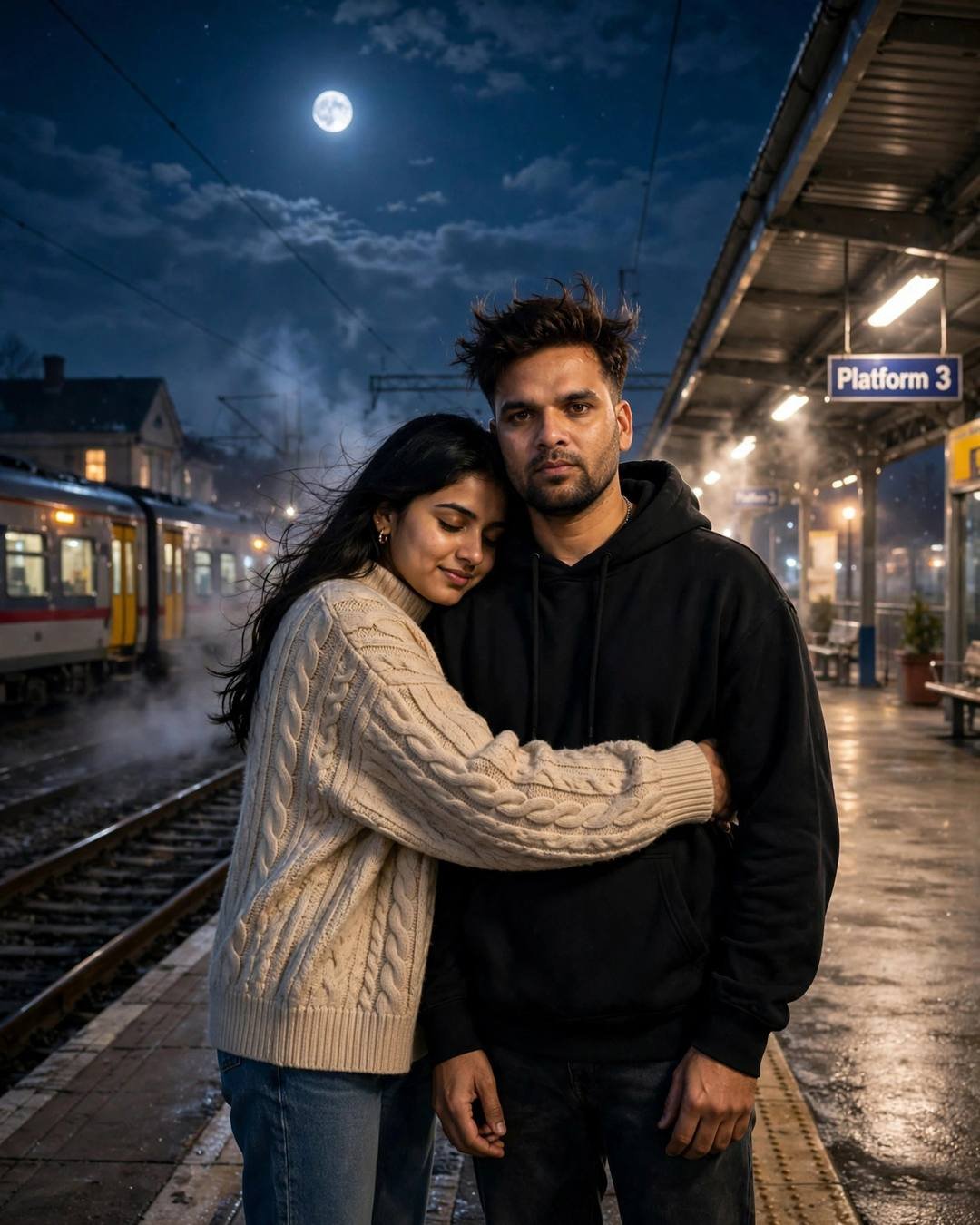 Young Indian couple embracing on a moonlit railway platform at night — the man in a black oversized hoodie, the woman in an oversized beige sweater, a waiting train with warm-lit doors beside them
