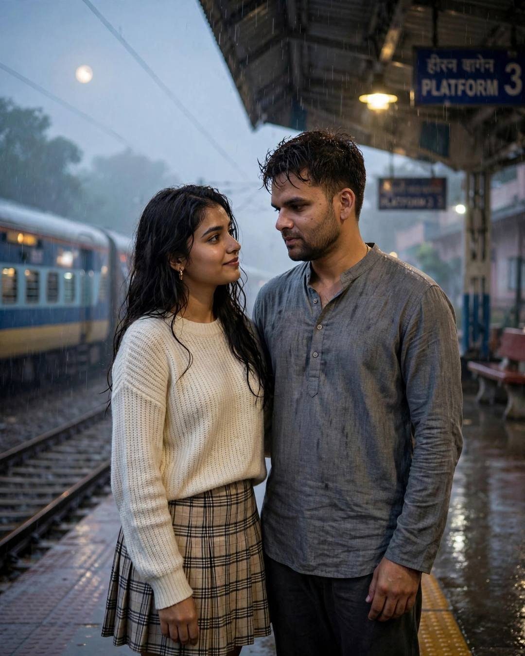 Young Indian couple reuniting on a rainy railway platform at dawn — the man in a grey kurta, the woman in a cream knit top and plaid skirt looking up at him, moon pale through the fog