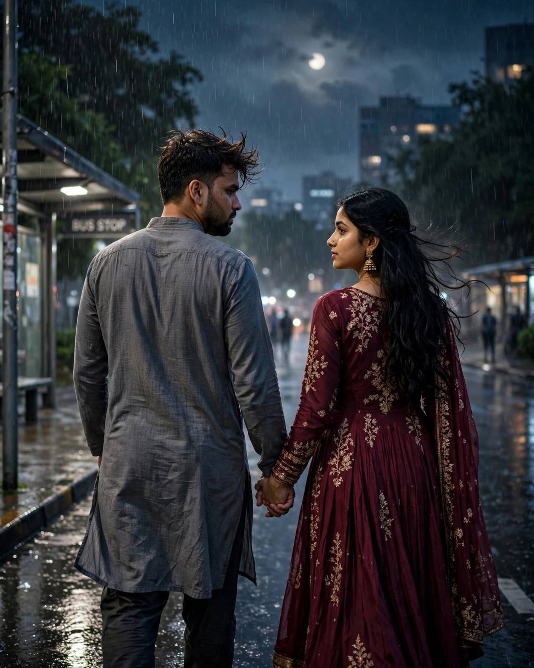 Young Indian couple walking hand in hand away from the camera into a rainy night — the man in a grey kurta, the woman in a maroon anarkali with jhumkas, bus stop and moon behind them