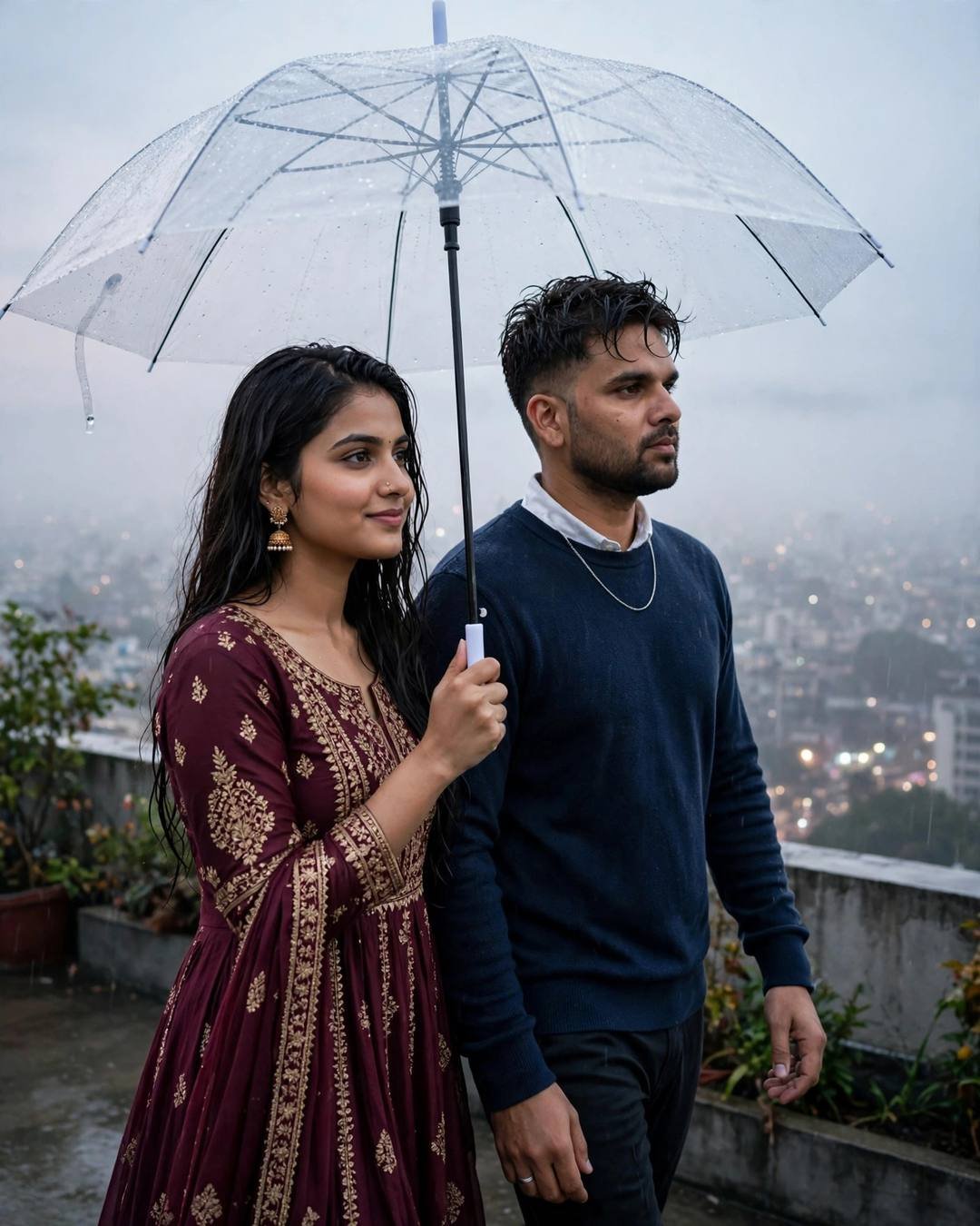 Young Indian man with the creator's face in a navy sweater and an AI-imagined woman in a maroon anarkali walking under a clear umbrella on a rainy rooftop