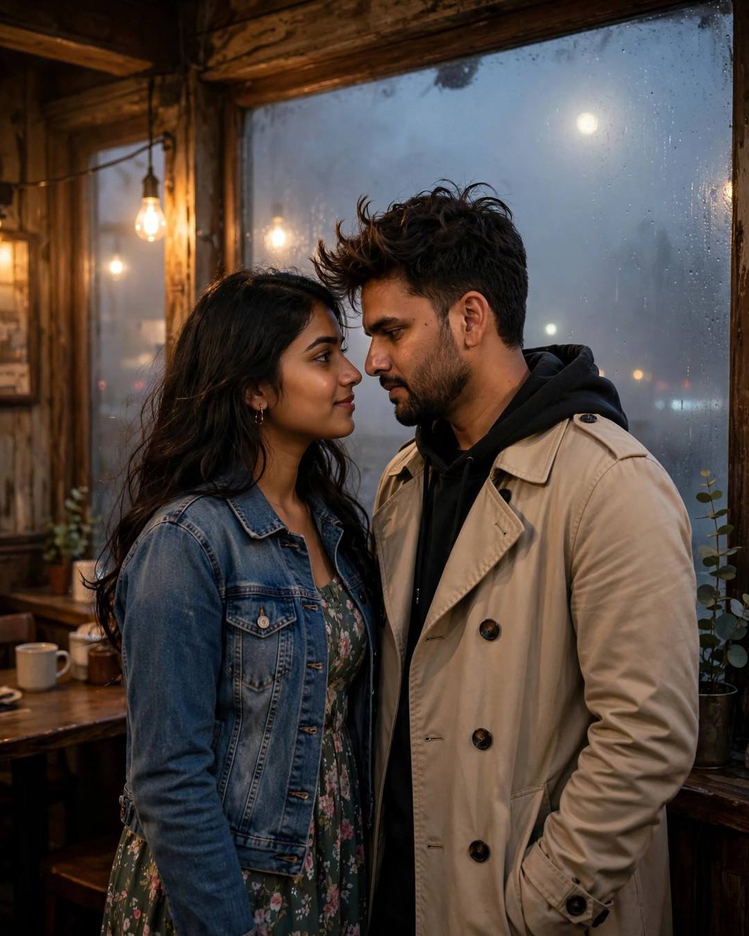 Young Indian man with the creator's face in a beige trench coat and an AI-imagined woman in denim and florals face to face by a fogged cafe window
