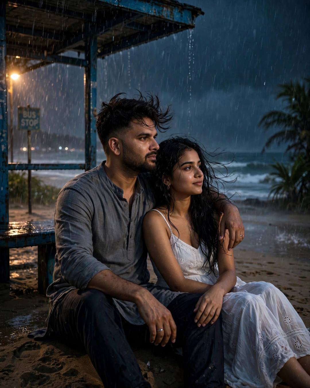 Young Indian man with the creator's face in a grey kurta and an AI-imagined woman in a white dress sitting on rainy beach sand at a bus stop at midnight