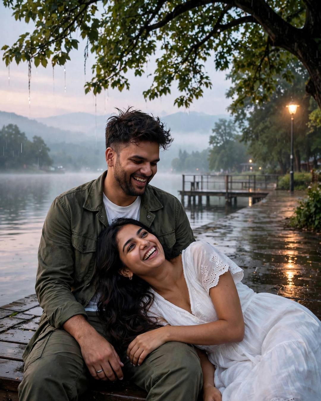 Young Indian man with the creator's face in an olive field jacket and an AI-imagined woman in white laughing together on a lake pier at dawn