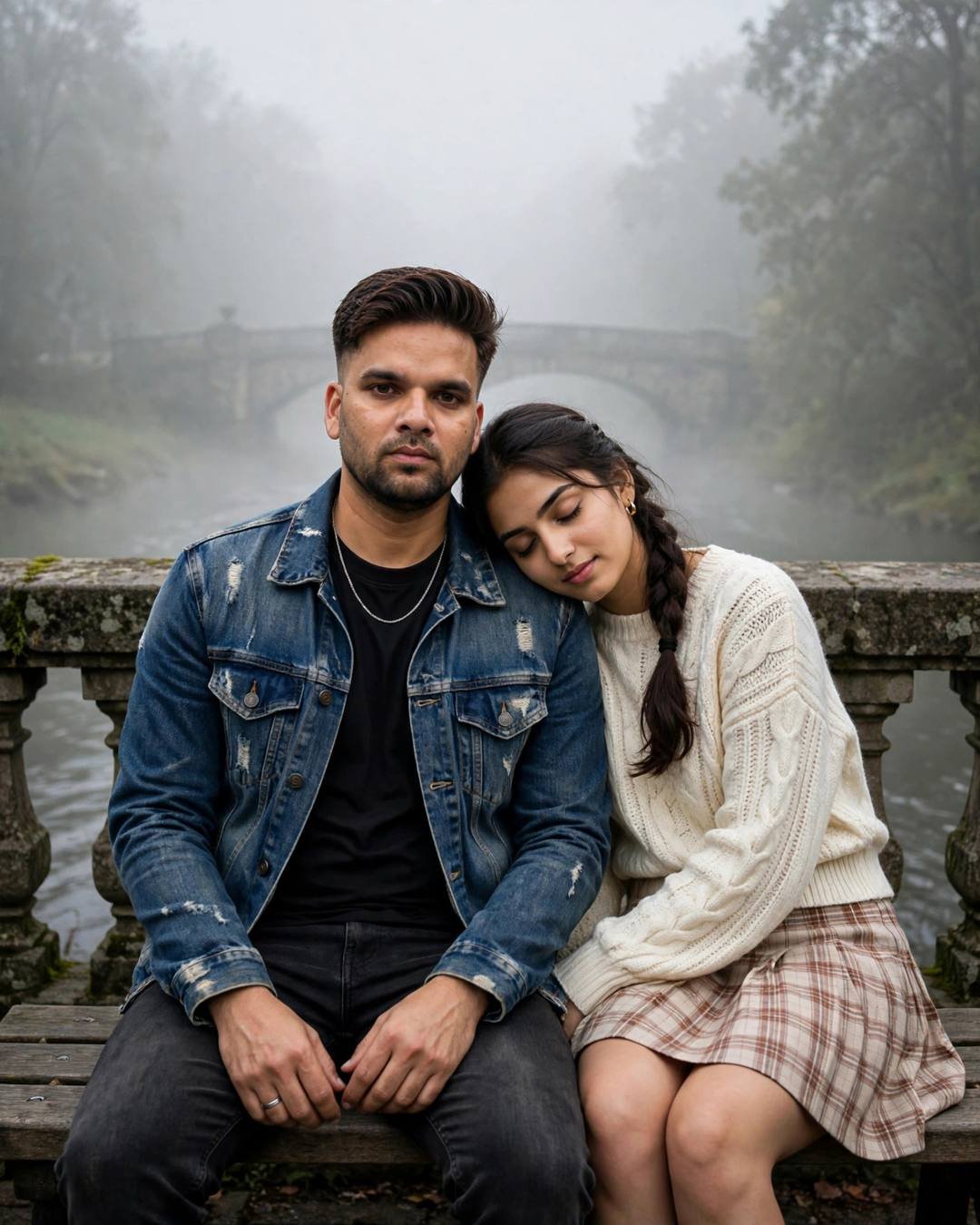 Young Indian man with the creator's face in a denim jacket and an AI-imagined woman in cream knit sitting close on a foggy bridge bench at midnight