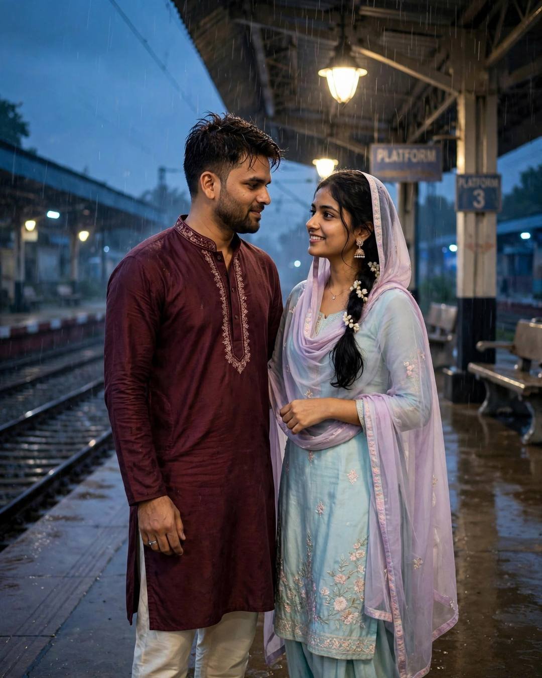 Wet hair, warm hands, a slow embrace — AI-generated cinematic couple photo