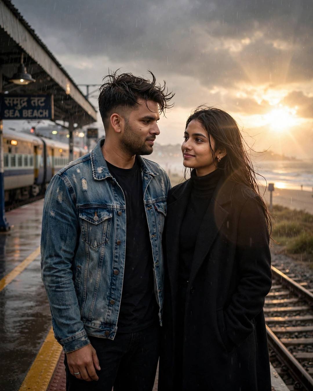 First rain of monsoon, spinning her around — AI-generated cinematic couple photo