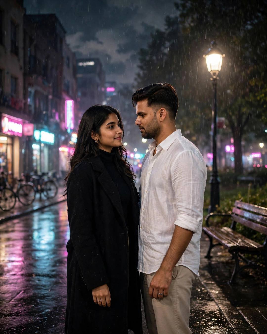Thunder rolling as they hold each other — AI-generated cinematic couple photo
