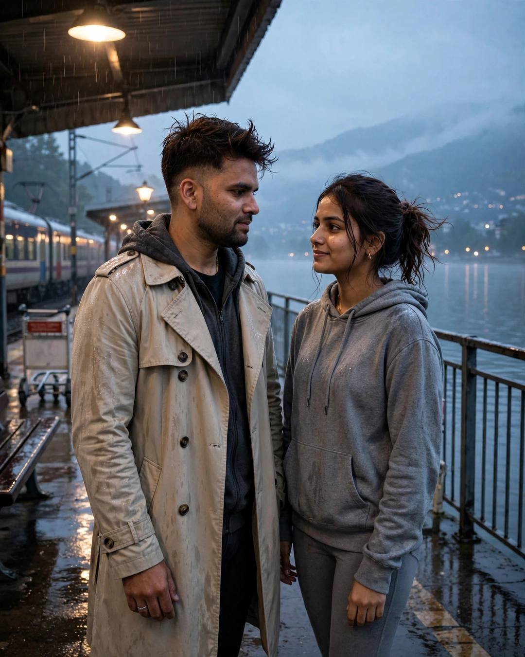AI portrait of a young couple standing face to face on a misty railway platform at dawn in the rain, man in a beige trench coat, woman in a grey hoodie